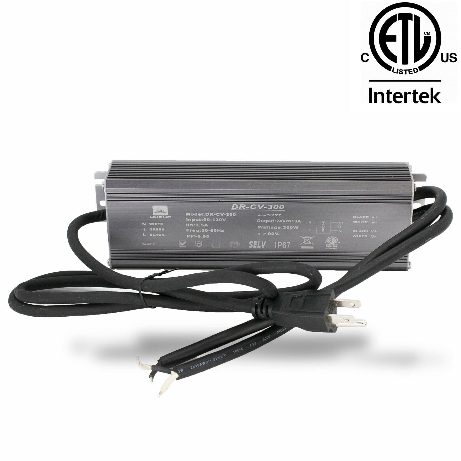 ETL LISTED 24v 12.5A 300w LED Light Power Supply Driver Waterproof + AC Plug Connectors: AC plug and output dual wire - Click Image to Close