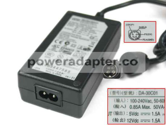 APD 5V 12Vdc 1.5A Asian Power Devices DA-30C01 AC Adapter 4-Pin DIN, 2-Prong, New