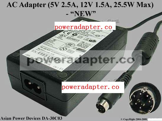 APD 12V 1.5A, 5V 2.5A Asian Power Devices DA-30C03 AC Adapter 5-P D, P1,2=5V P3=12V, 2-P, New