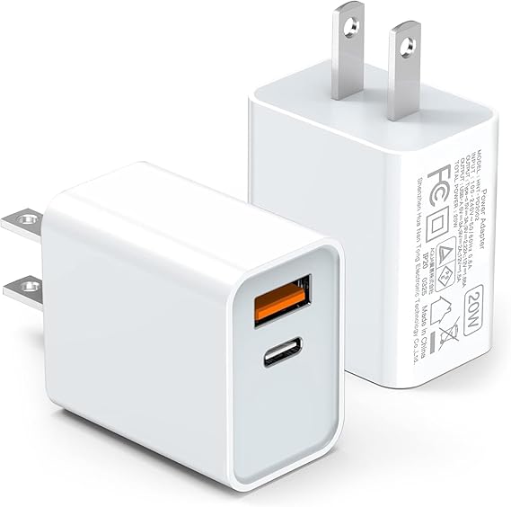 USB C Wall Charger Block 20W, 2-Pack Dual Port PD Power Delivery Fast Type C Charging Block Plug Compatible with iPhone