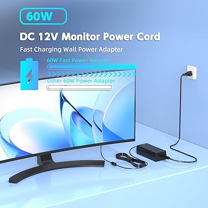 12V Power Cord Compatible with Sceptre Monitor, AC Adapter for EC Series 35" 32" 30" 27" 24" 22" 20" 19" E225W E205W E24