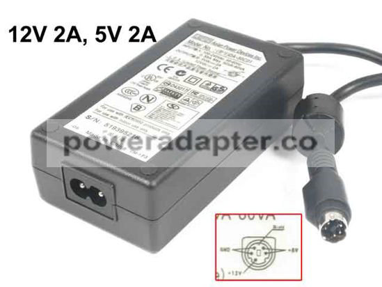 APD 12V 2A, 5V 2A Asian Power Devices DA-34A02 AC Adapter 5P, P1,2=5V, P3=12V, 2-Prong, New