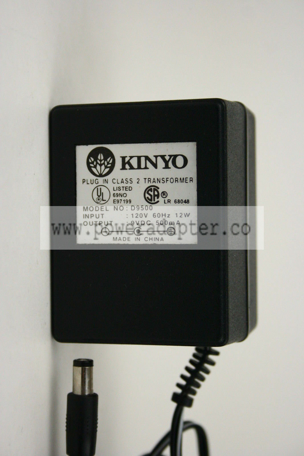 9V DC 500mA KINYO D9500 AC/DC Power Supply Adaptor / Adapter part number:D9500 input: 120v 60hz 12w output:9V DC 500