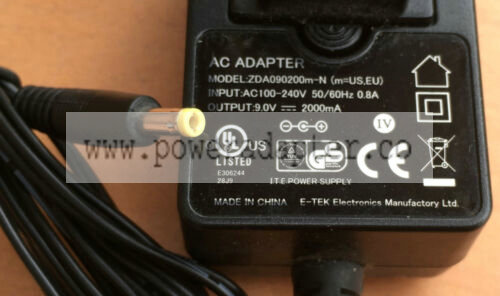 9v DC 2A E-TEK ZDA090200m-N AC/DC UK Plug Adaptor PSU Power Supply mains adapter Good working condition Output DC 9v - Click Image to Close