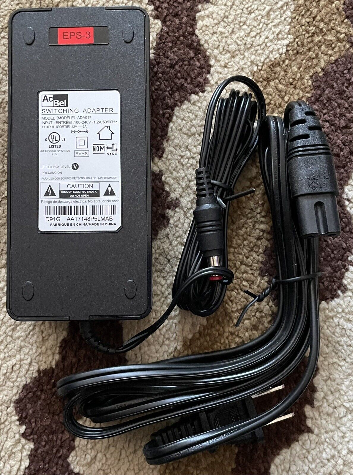 AcBel EPS-3 Switching Adapter ADA017 100-240V 1.2A 50/60Hz 12V 3A New MPN ADE033 Brand AcBel Type Adapter Manufacturer - Click Image to Close