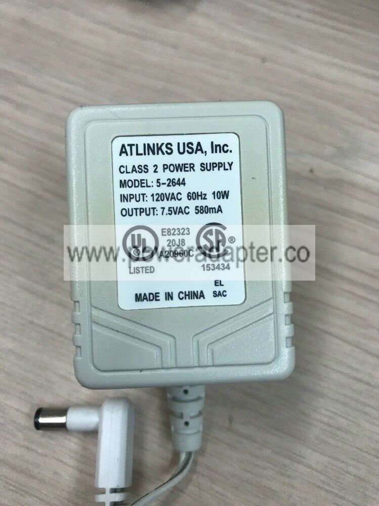 ATLINKS 5-2511 Power Supply Adapter Charger Output: 7.5V AC 580mA T2 Brand: Atlinks Model: 5-2644 Input Voltage: 12