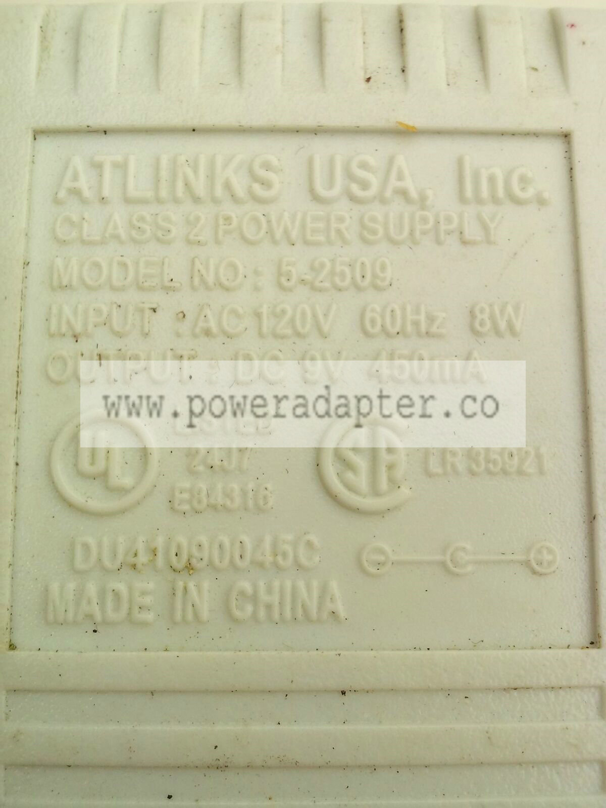 Atlinks USA Inc Class 2 AC Power Supply 5-2509 Adapter 9VDC 450mA Brand: ATLINKS USA, Inc. MPN: 5-2509 Model: 5-25