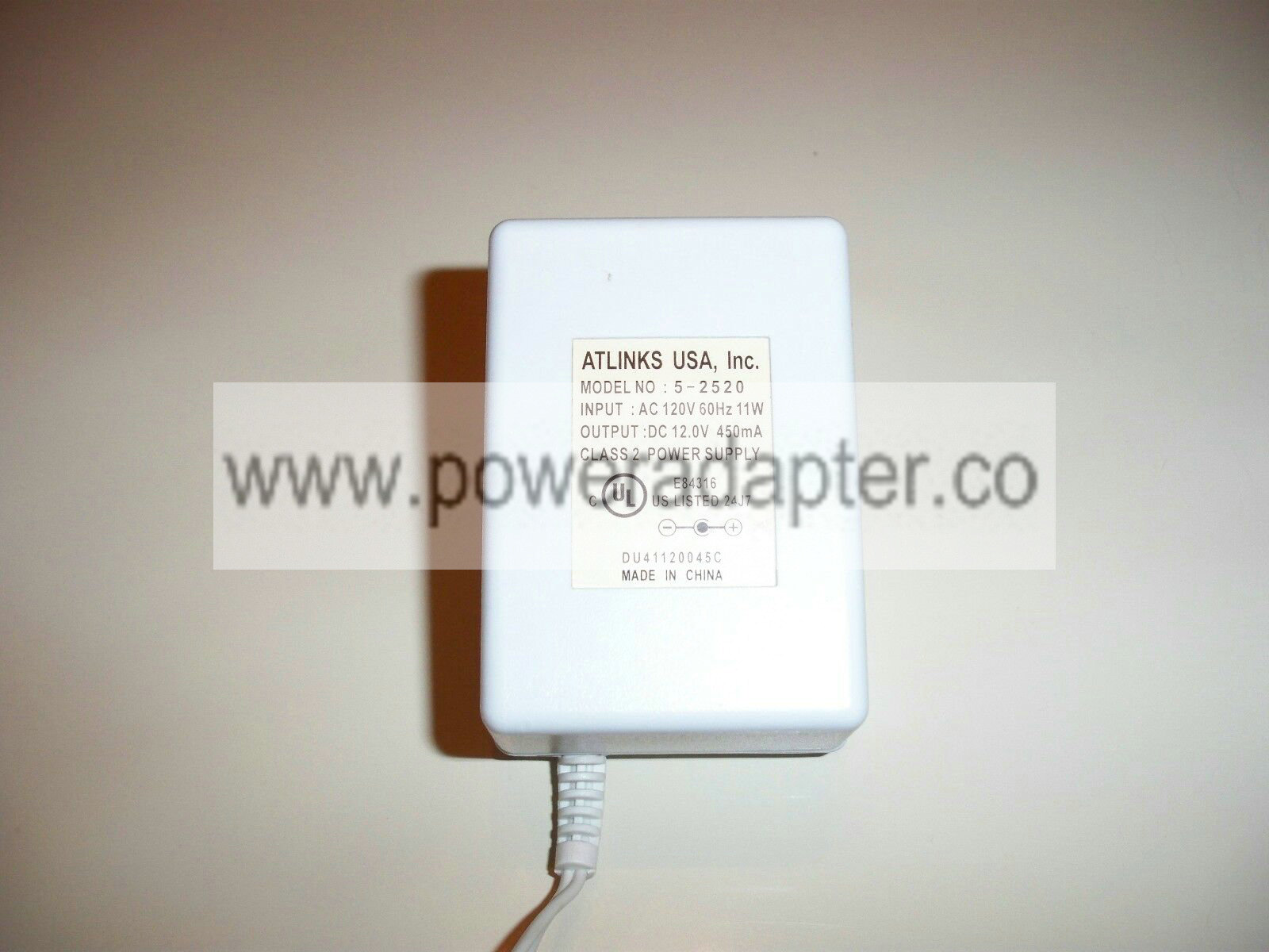 Atlinks Power Adapter Model 5-2520 12V DC 450mA Brand: ATLINKS USA, Inc. MPN: 5-2520 Model: 5-2520 Output Voltage: