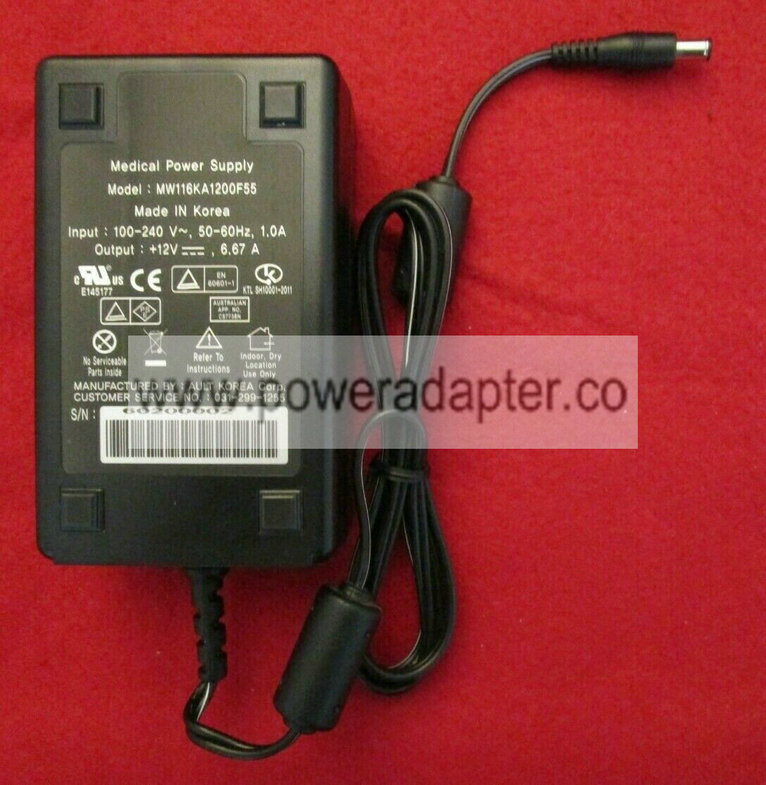 New Ault 12V 6.67A Medical Power Supply AC Power Adapter MW116KA1200F55 Type: AC/Standard Modified Item: No MPN: MW1 - Click Image to Close