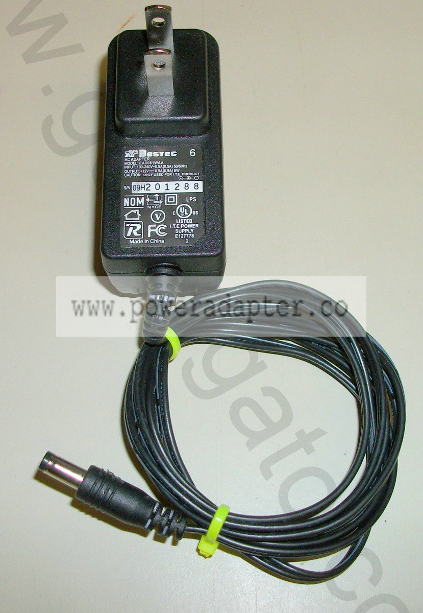 Bestec 12V 0.5A 6W AC Adapter Power Supply EA0061WAA [EA0061WAA] Input: 120-240VAC 0.5A 50/60Hz, Output: +12VDC 0.5A - Click Image to Close