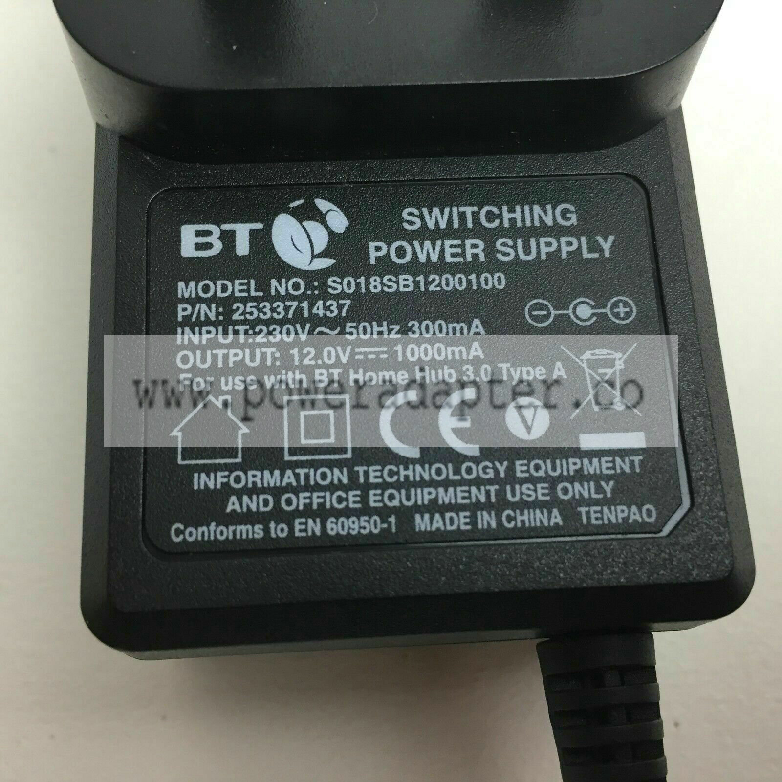 BT Switching Power Supply - Unit AC Adaptor For BT Home Hub 3.0 Type A (Item 1) Brand: BT MPN: S012NB1200100 EAN: - Click Image to Close