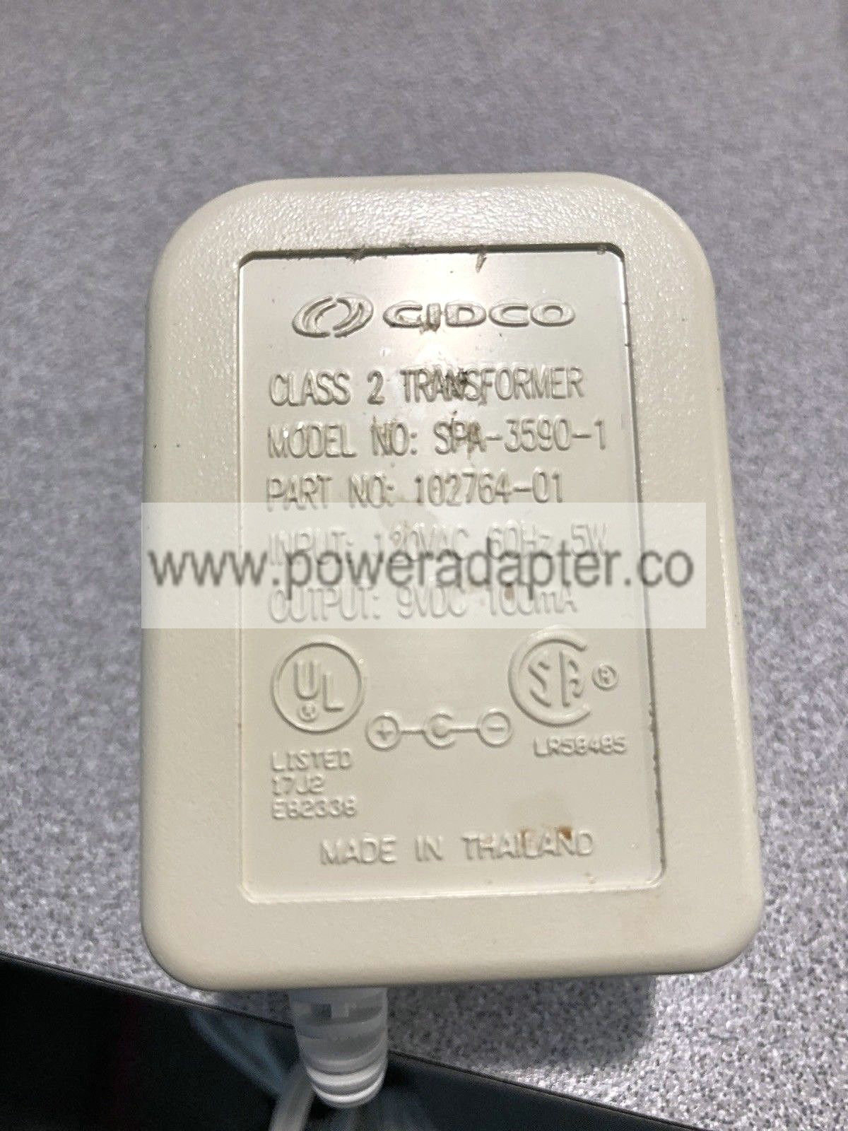 CIDCO SPA-3590-1 Class 2 Transformer Power Supply AC Adapter Output DC 9V 100mA Cidco Class 2 Transformer Model numb