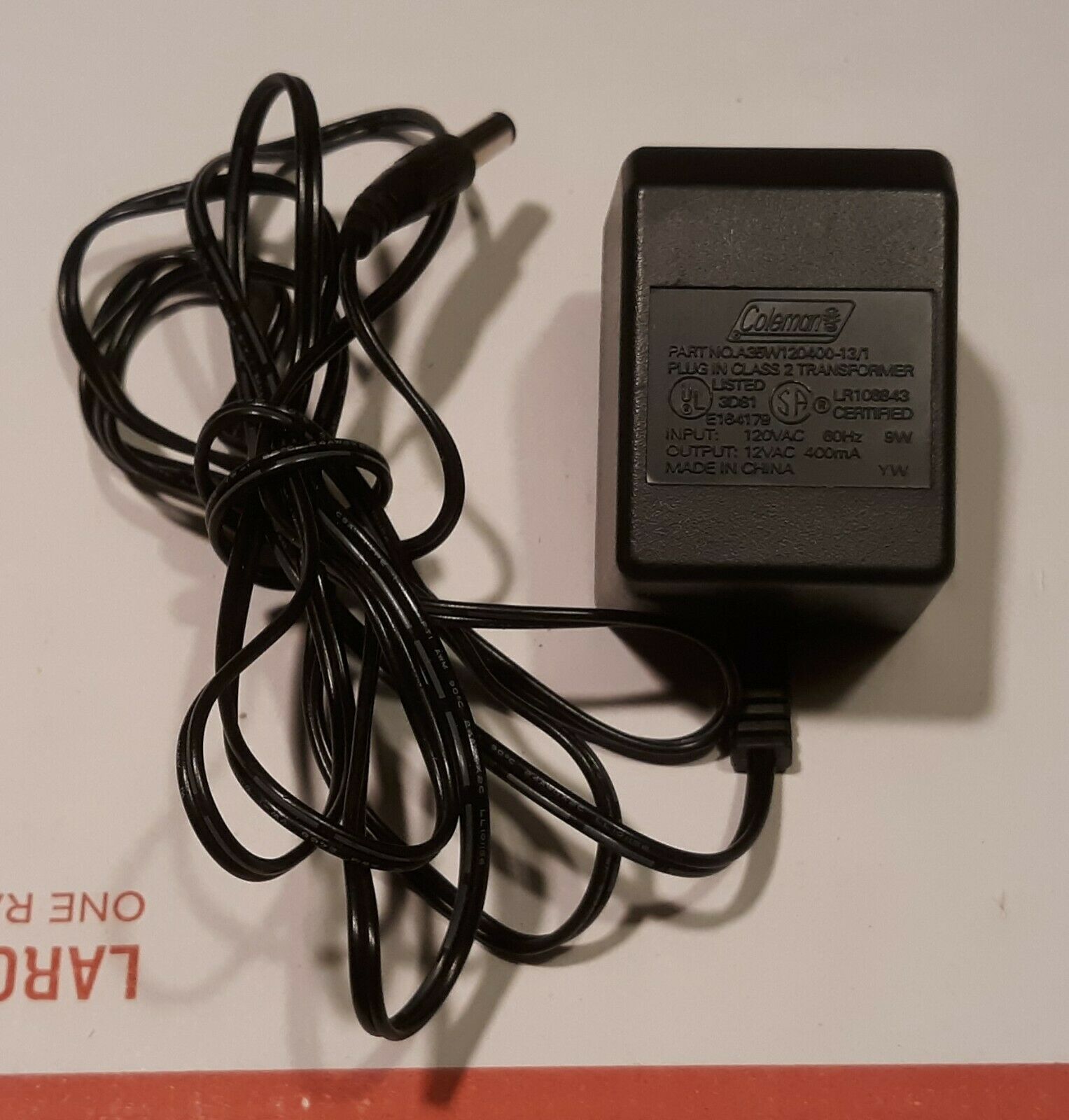 Coleman Power Adapter #A35W120400-13/1, 12VAC @ 400mA, 5.5mm Tip, Tested Connection Split/Duplication: 1:9 Type: Ada