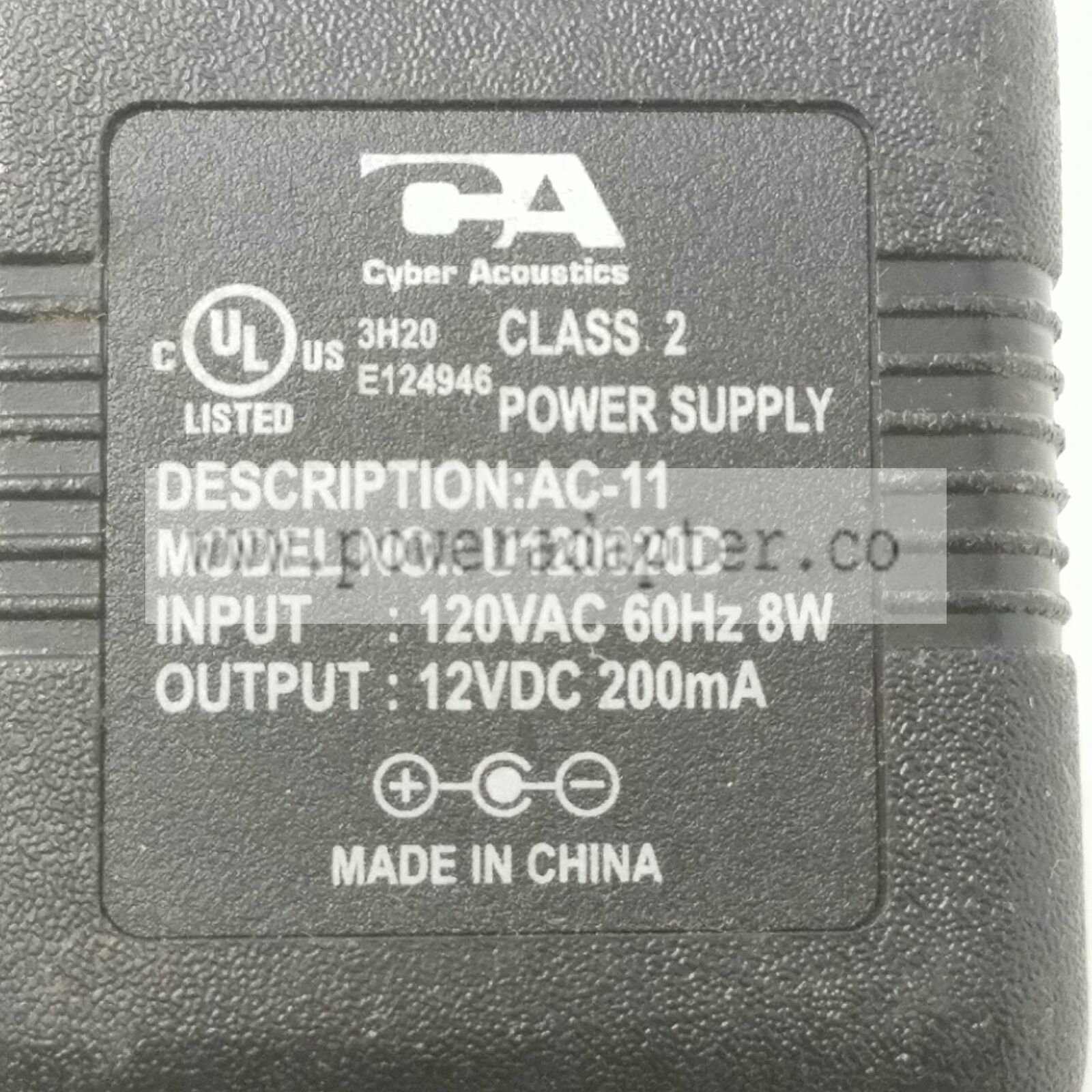Cyber Acoustics AC-11 AC Power Adapter U120020D Output 12VDC 200mA Brand: Cyber Acoustics MPN: U120020D Model: U1