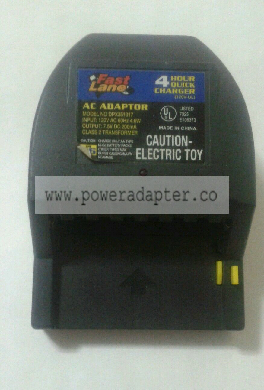 Fast Lane AC Adapter Model DPX351317, Input 120V AC, Output 7.5V DC 200mA Brand: Fast Lane Model: DPX351317 Type: