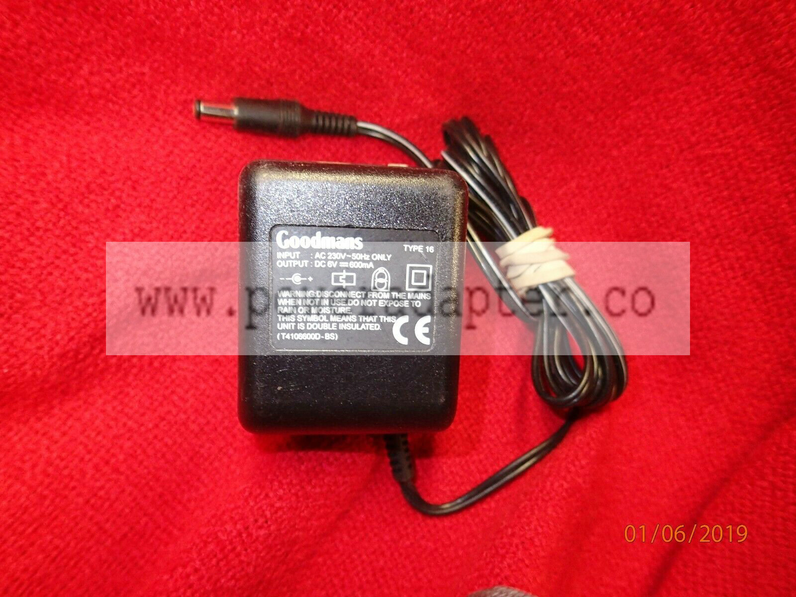 GOODMANS POWER ADAPTER TYPE 16 6V 600mA T4106600D-BS input: 230v Ac 50hz only output:DC 600ma 6V P/N: T4106600D-B