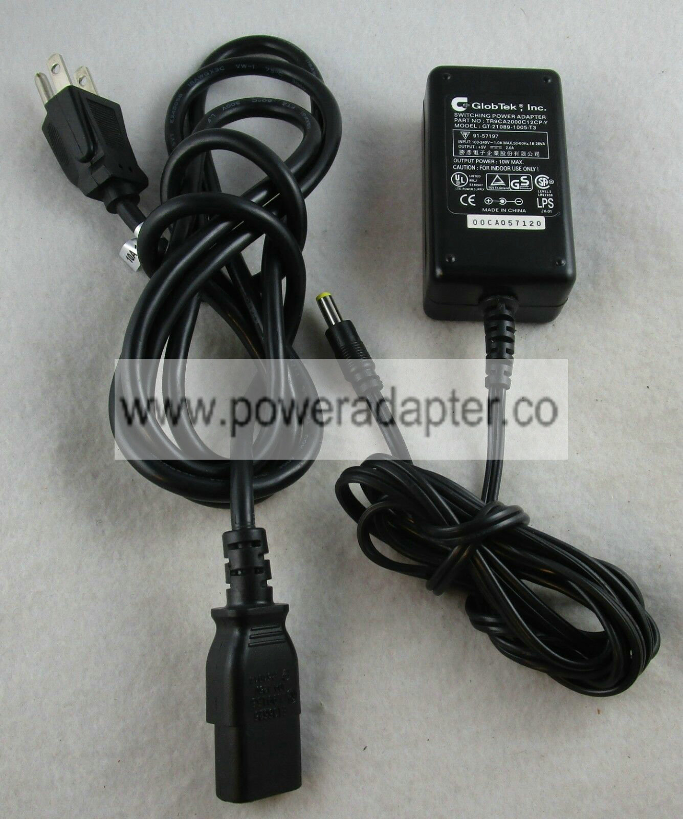 GlobTek 5V 2A AC Power Adapter GT-21089-1005-T3 TR9CA2000C12CP-Y Bundled Items: Power Cable MPN: TR9CA2000C12CP-Y Ou