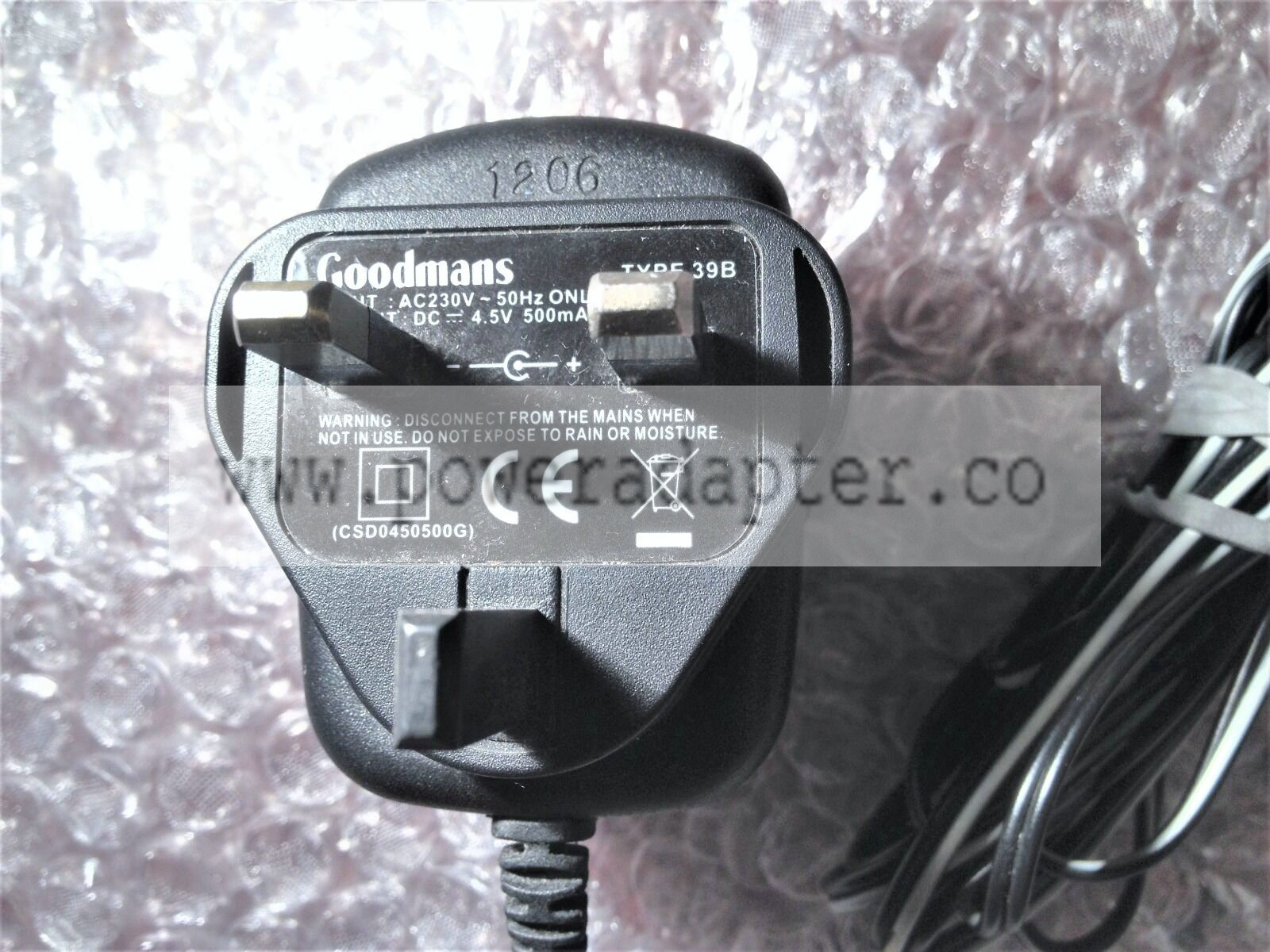 Goodmans Type 39b Charger / Power Adapter – 4.5v 500mA output – mains 3 pin UK Goodmans Type 39b Charger / Power Adap - Click Image to Close