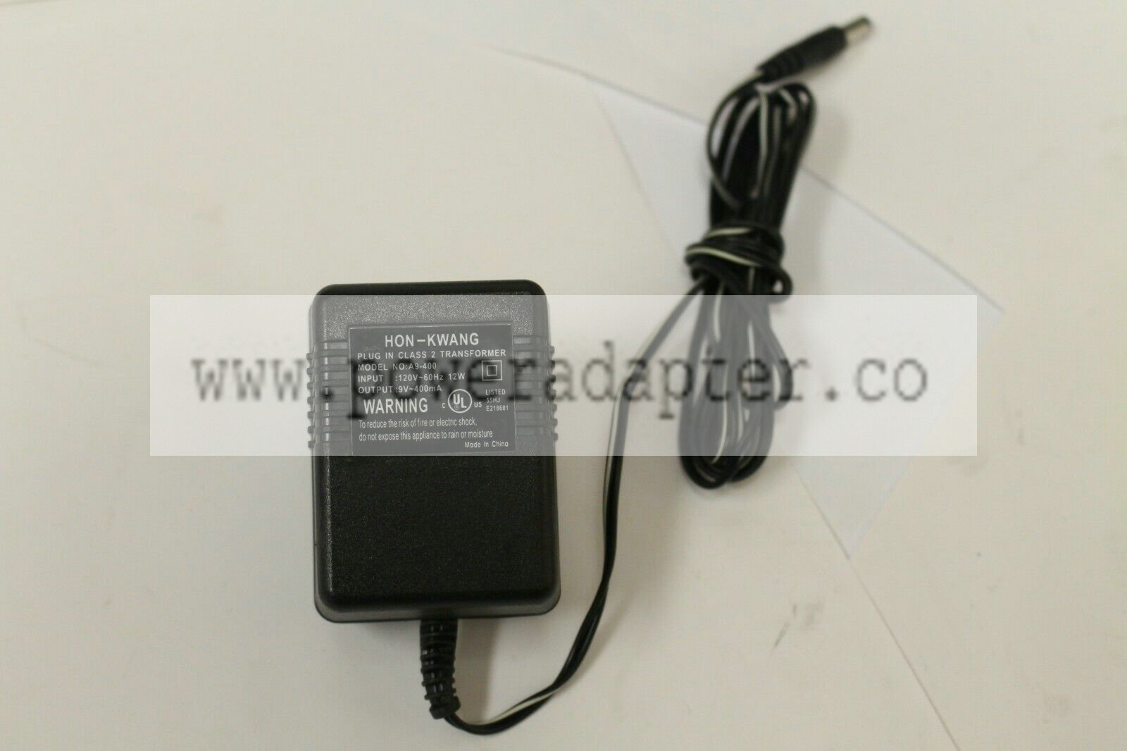 Hon-Kwang A9-400 Plug-In Power Cord Class 2 AC Transformer Adapter 9V Black Model: A9-400 Output Voltage: 9V Countr