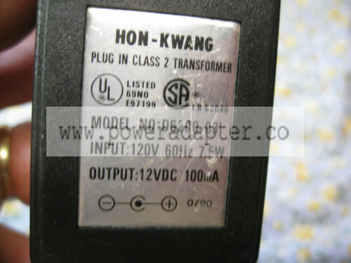 Hon Kwang D6200-03 Ac Adapter 12vdc 100ma 12 Vdc THIS IS A new AC ADAPTER D6200-03 INPUT AC 120 60HZ 7.5W