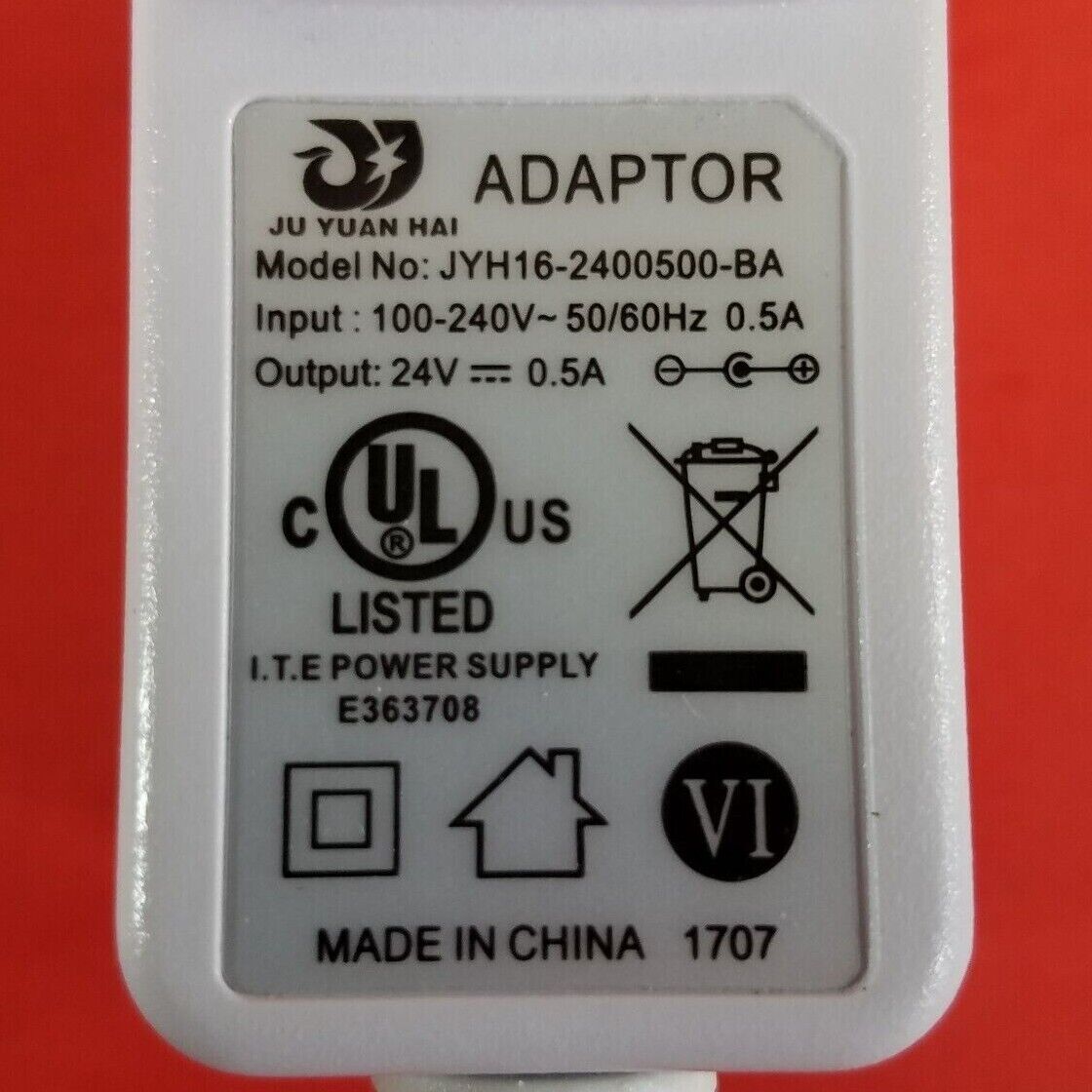 JU YUAN HAI JYH16-2400500-BA Power Supply Adaptor 24V - 0.5A OEM AC/DC Adapter Type: AC/DC Adapter Features: Powered
