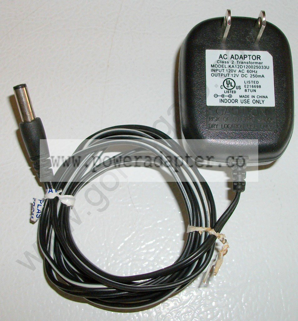 Radio Shack AC Adapter 12VDC, 250mA KA12D120025033U [KA12D1200250] Input: 120VAC 60Hz, Output: 12VDC 250mA. Made in th - Click Image to Close
