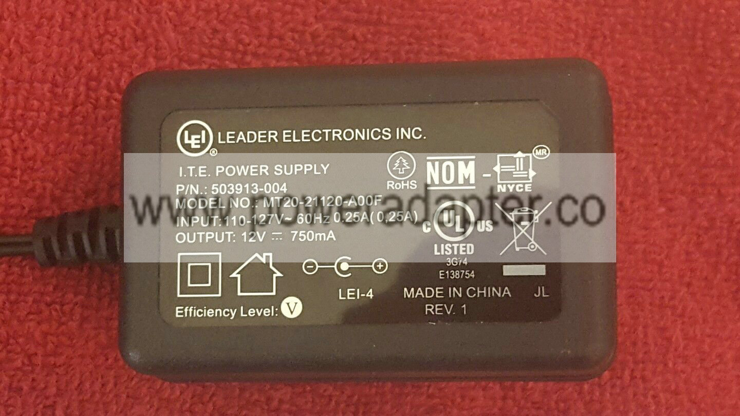 LEI Power Supply Adapter 503913-004 MT20-21120-A00F 12v 750mA Tested Brand: LEI Output Voltage: 12V MPN: MT20-21120 - Click Image to Close