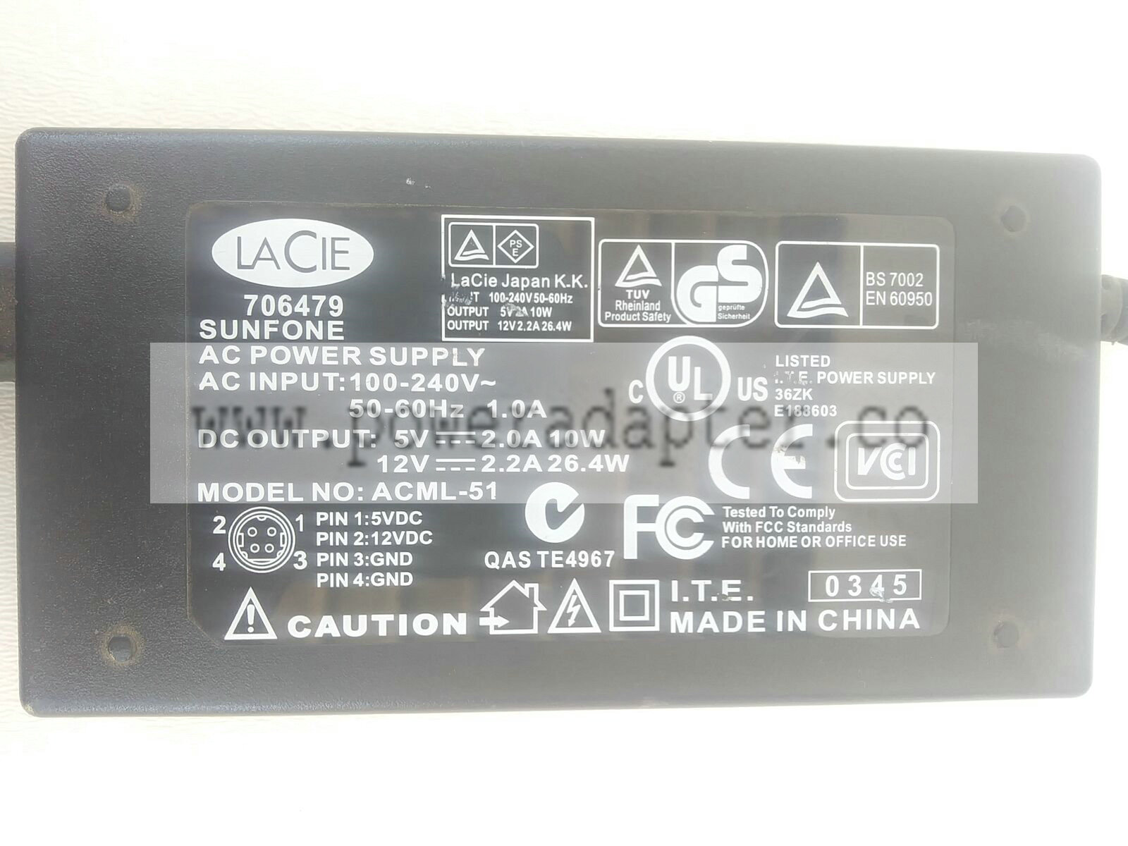 Lacie Sunfone 706479 Model ACML-51 AC Power Supply Adapter 5V/12V 2A/2.2A EA1060 Shipped secure with 1 business day h - Click Image to Close