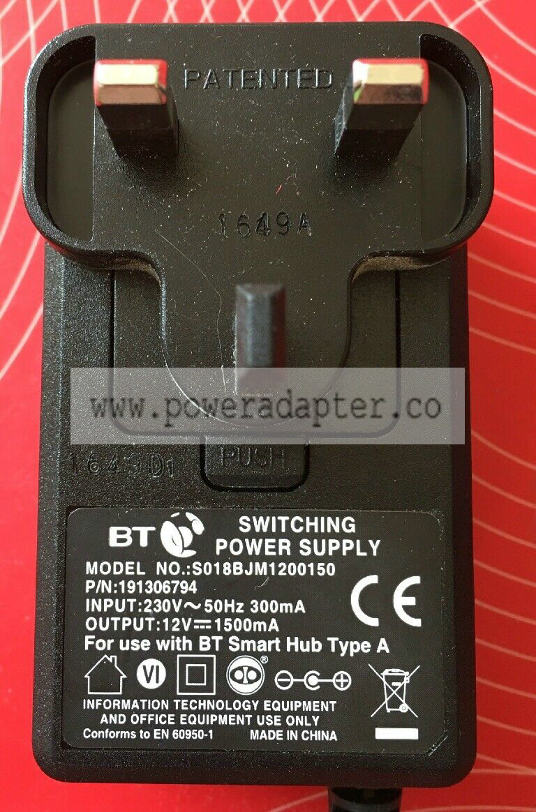 Official BT Smart Hub Power Supply Unit / AC Adaptor / PSU MPN# S018BJM1200150 Brand: BT Output Current: 1.5A / 1500