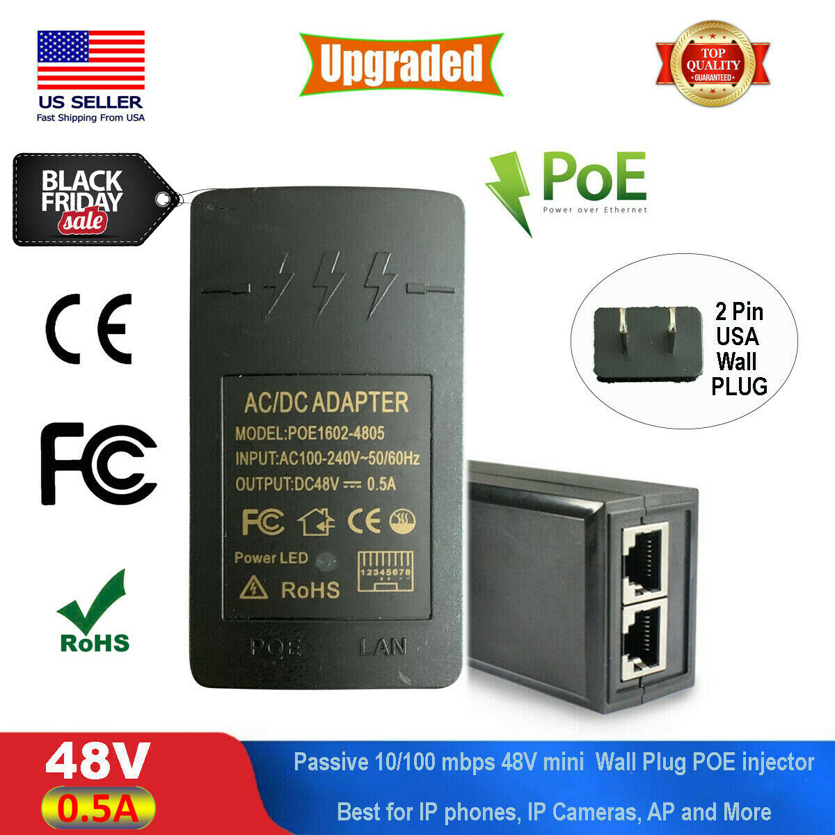 POE Injector 48V 0.5A Power Over Ethernet Adapter For POE IP Camera Switch POE Injector POE Switch Passive Poe: POE - Click Image to Close