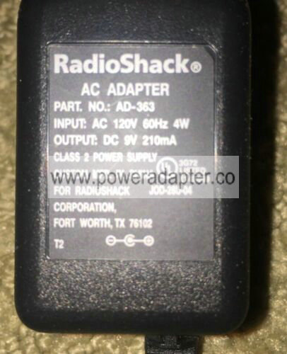 Radio Shack AD-363 Adapter Power Supply Brand: RadioShack Output Voltage: 9V Model: AD-363 Radio Shack AD-363 Ad