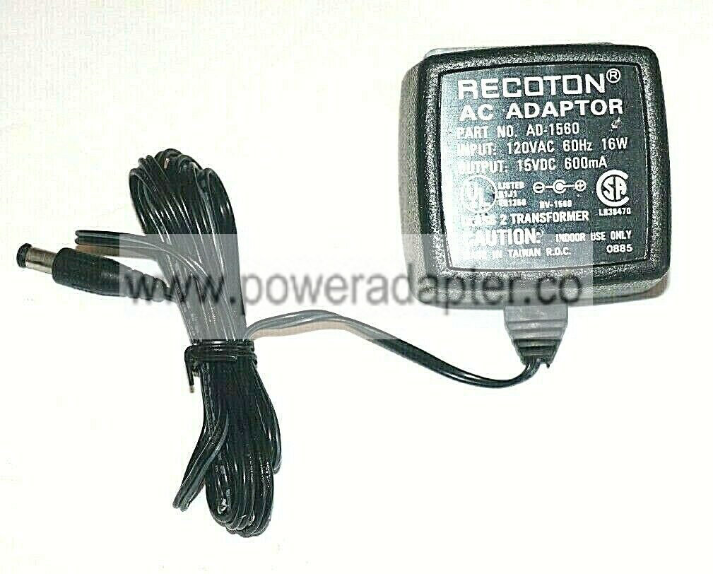 Recoton AC Adaptor Class 2 Transformer P/N: AD-1560 Output: 15VDC 600mA RECOTON AC ADAPTOR CLASS 2 TRANSFORMER P/N: - Click Image to Close