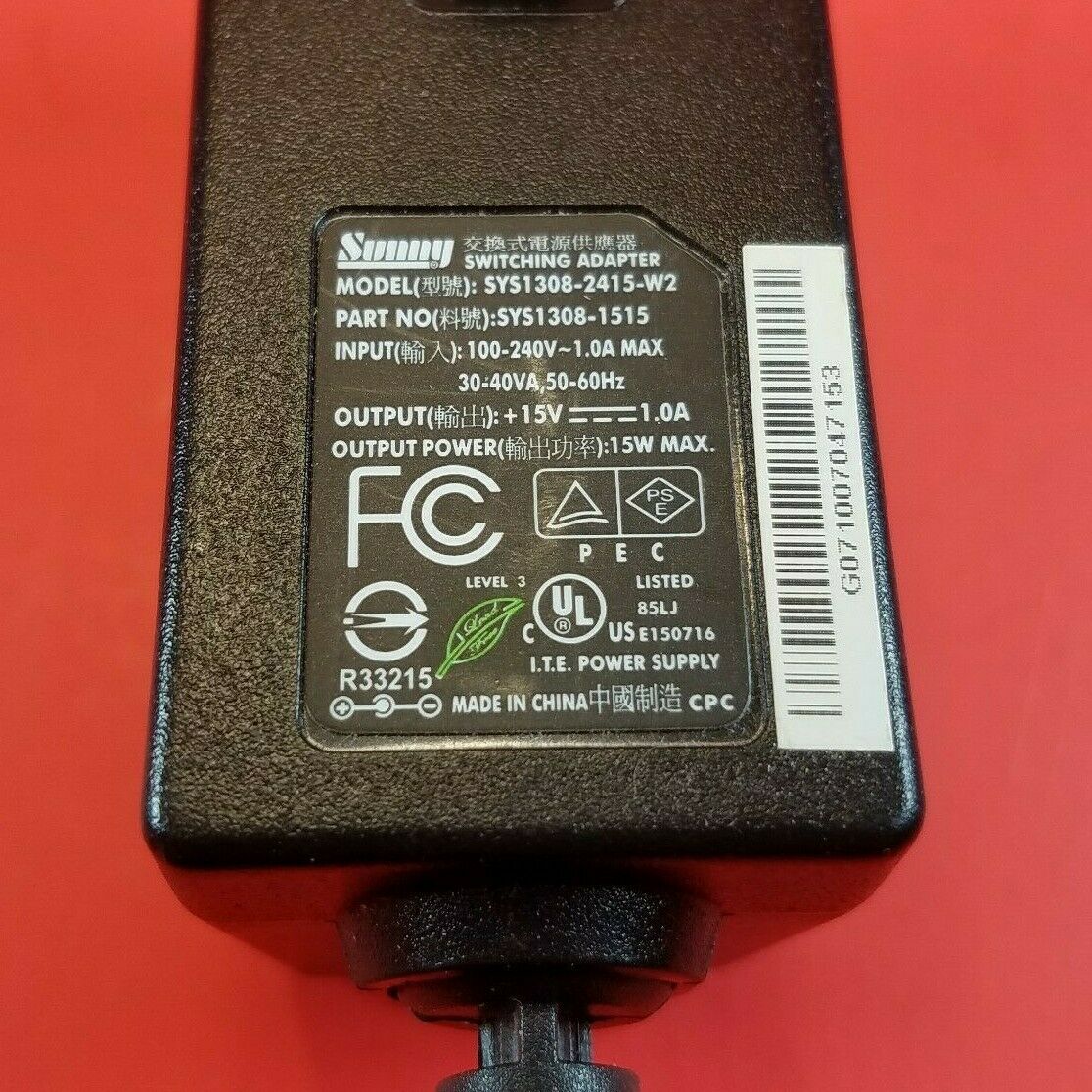Genuine SUNNY +15V - 1A Switching Adapter Model SYS1308-2415-W2 OEM Power Supply Type: Adapter Features: Powered MPN