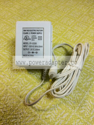 Sha Yao Power Supply SY-03300 Charger 3VDC 300mA Model: SY-03300 MPN: SY-03300 Modified Item: No Output Voltage: 3V