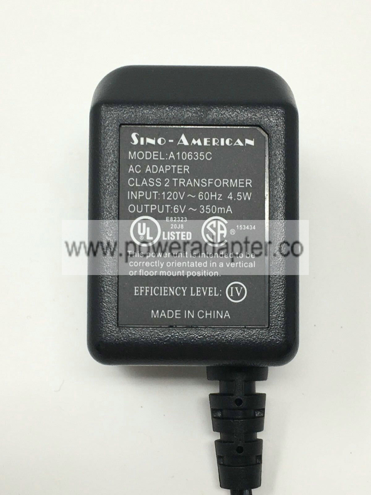 Sino-American AC Adapter Input 120V 60Hz 4.5W Output 6V 350mA For sale is a Sino-American AC Adapter Input 120V 60Hz
