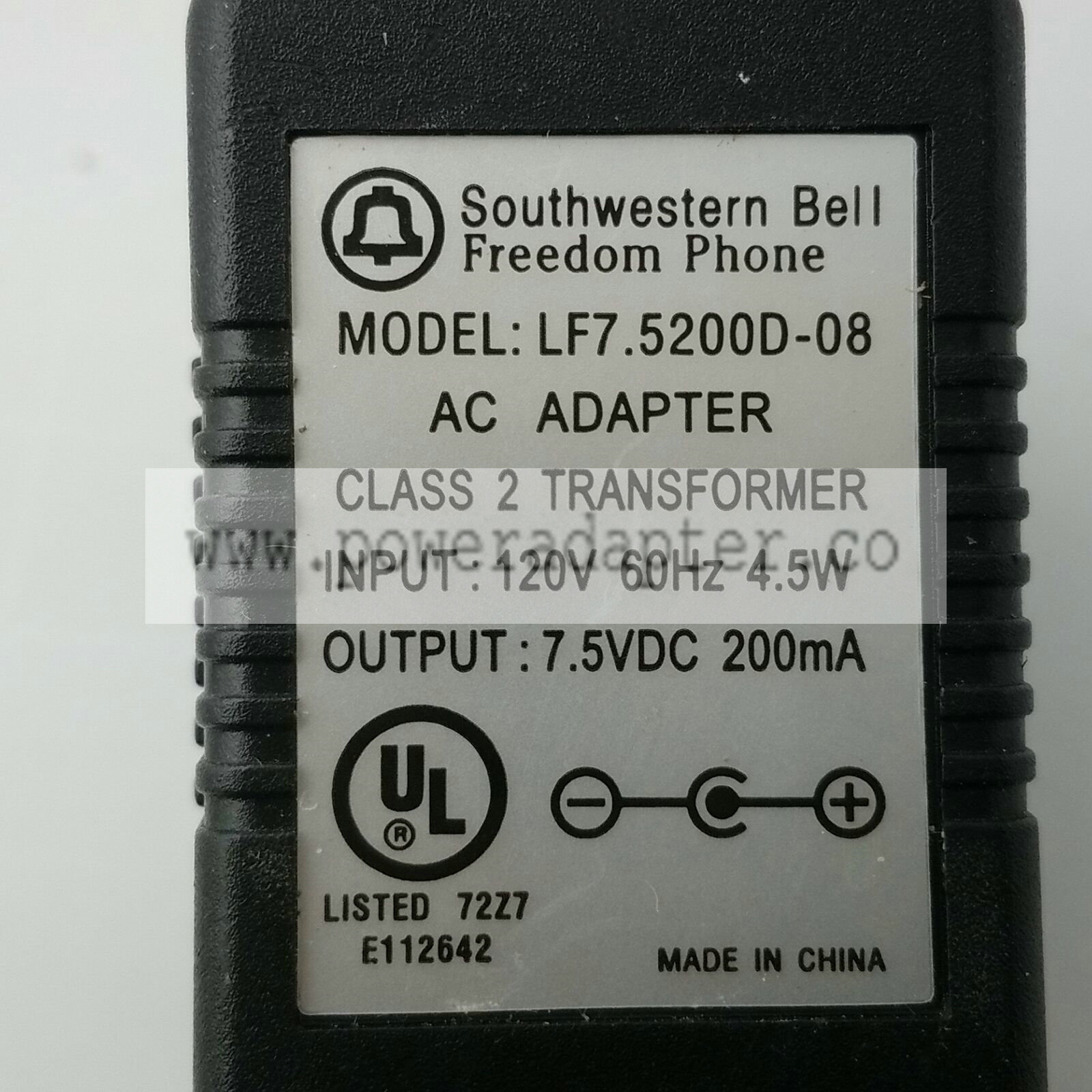 Southwestern Bell Freedom Phone Model LF7.5200D-8 AC Adapter Output 7.5VDC 200mA Brand: Southwestern Bell Freedom