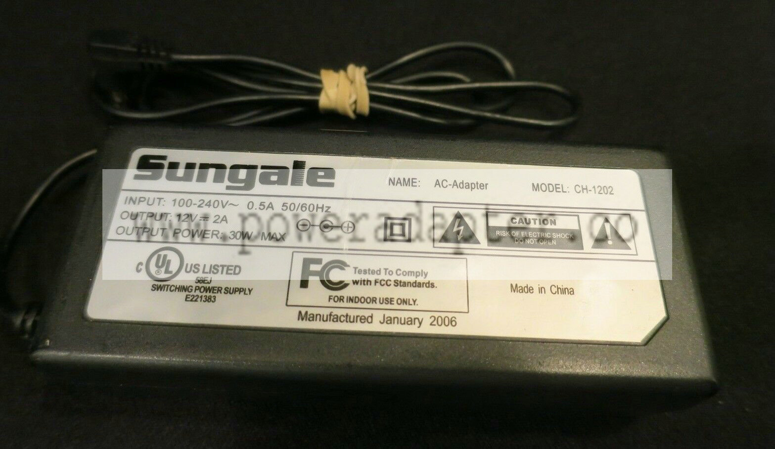 Sungale AC Power Adapter Model CH-1202 Input 100-240V Output 12V Output Power30 Model: CH-1202 MPN: Does Not Apply