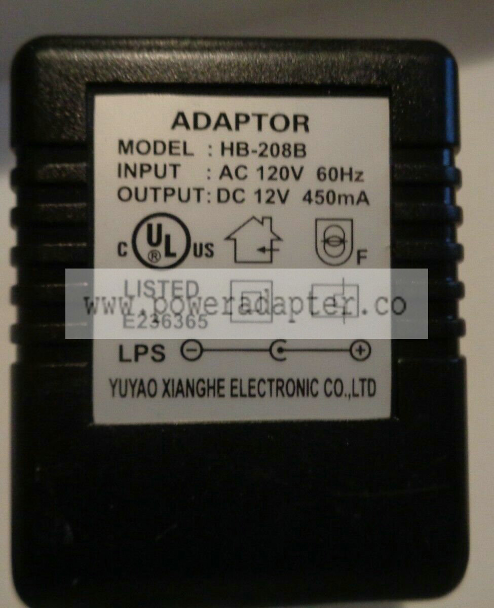 Yuyao Wall AC/DC Power Supply Adaptor Cord Model #HB-208B - 12V, 450mA Product Type: Transformer Output Voltage: 12