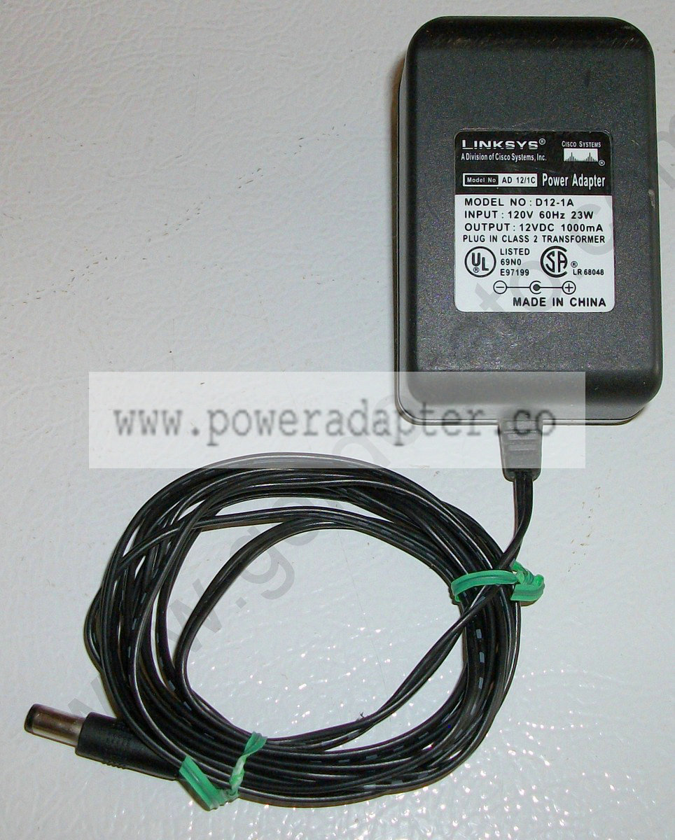 Linksys AD12/1C 12V DC 1A AC Adapter [AD12/1C] Input: 120VAC 60Hz 23W, Output: 12VDC 1000mA. Model No.: AD12/1C, Model