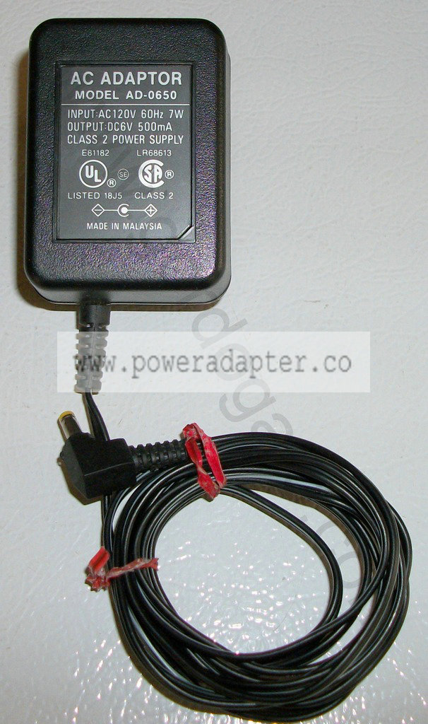 Model AD-0650 6V DC 500mA AC Adapter [AD-0650] Input: 120VAC 60Hz 7W, Output: 6VDC 500mA. Model No.: AD-0650. Made in