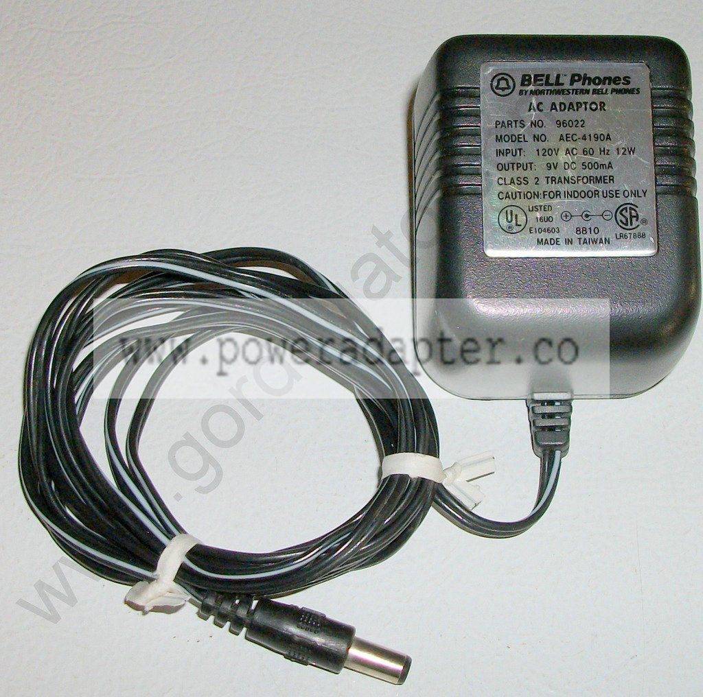 Bell Phones AC Adapter AEC-4190A, 9V DC, 500mA [AEC-4190A] This AC adapter is for use with some Northwestern Bell tele - Click Image to Close