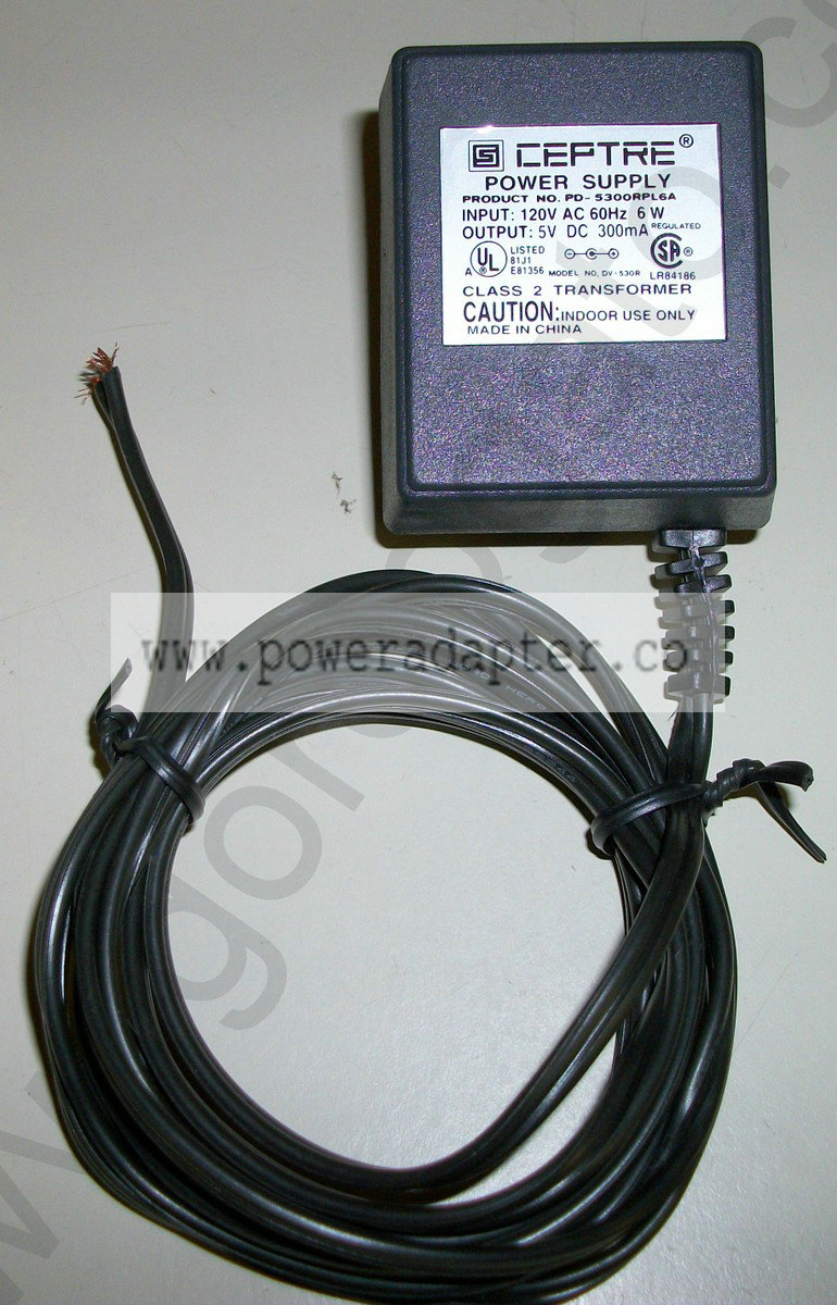 Sceptre DV-530R 5V DC 300 mA AC Adapter - No End [DV-530R] Input: 120VAC 60Hz 6W, Output: 5VDC 300mA. Model No.: DV-53