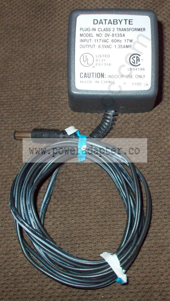 Databyte DV-8135A 8.5VAC 1.35A AC Adapter Power Supply [DV-8135A] Input: 117VAC 60Hz 17W, Output: 8.5VAC 1.35A. Mode