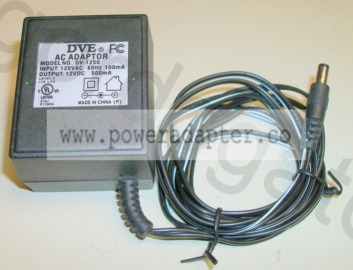 DVE DV-1250 12V DC 500mA AC Adapter [DV-1250] Input: 120VAC 60Hz 100mA, Output: 12VDC 500mA. Barrel type plug with p