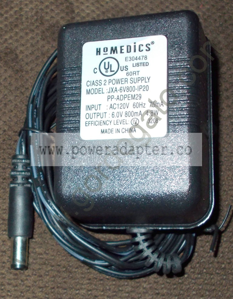 HoMedics AC Adapter Power Supply PP-ADPEM29 - 6V, 800mA, 4.8W [PP-ADPEM29] Input: 120VAC 60Hz 75mA, Output: 6V 800mA,