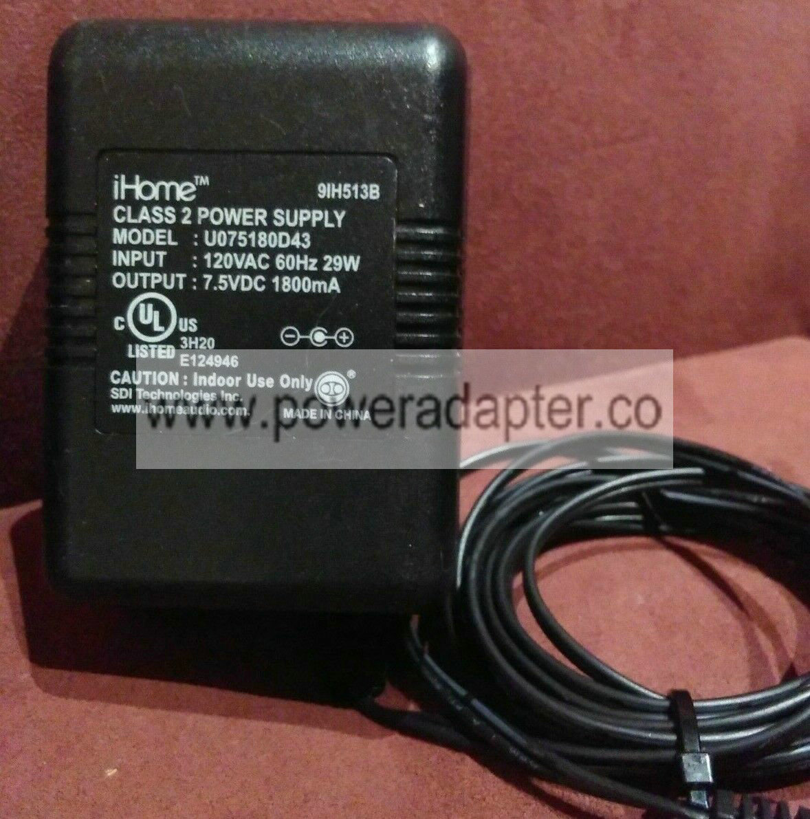 iHome Adapter U075180D43 Class 2Power Supply 7.5VDC 1800mA 91H513B AUTHENTIC NEW This is a Genuine Original iHome U0751 - Click Image to Close