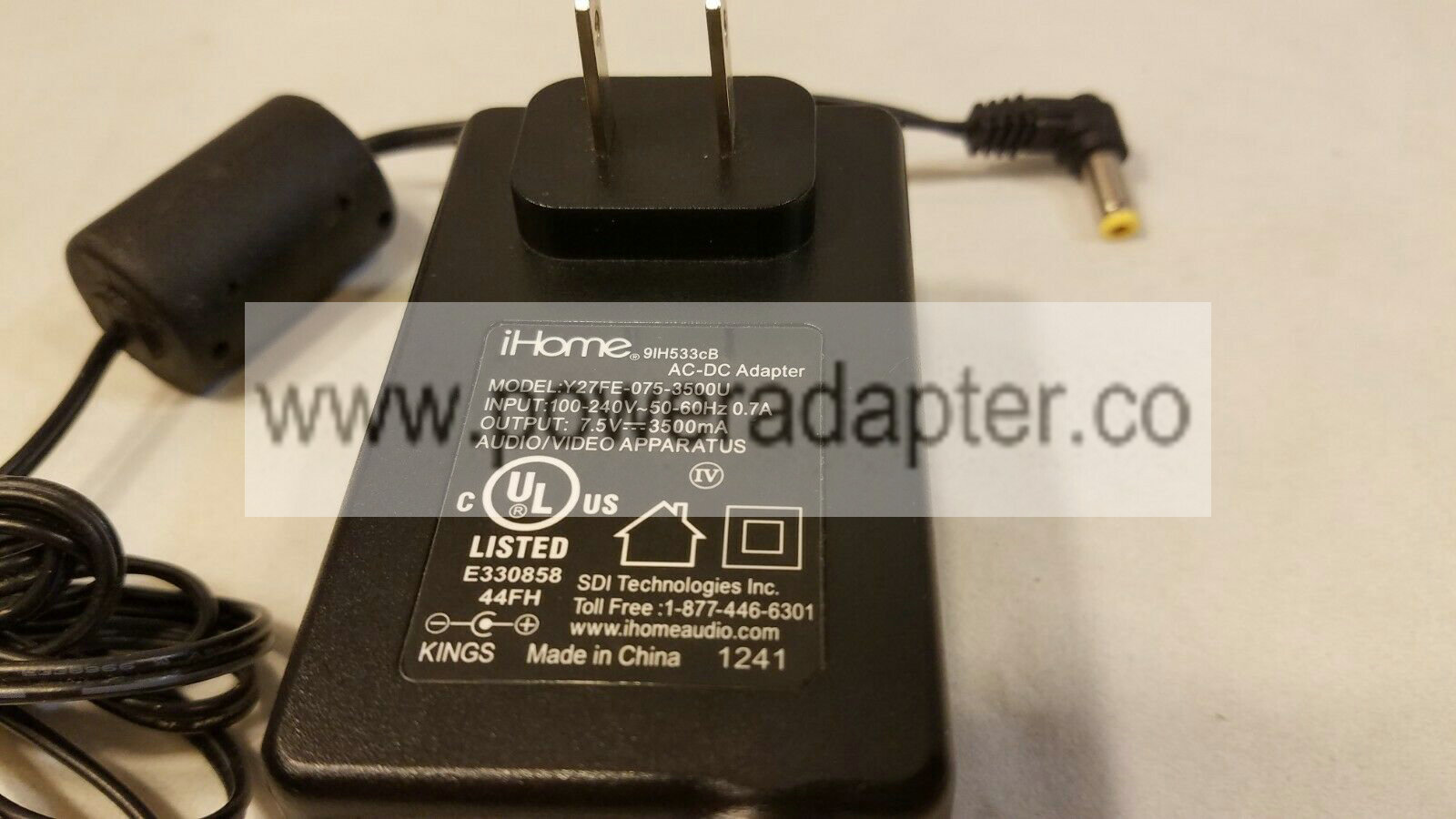 iHome Y27FE-075-3500U AC Power Supply Adapter Charger 7.5V 3500mA TESTED WORKING Bundle Listing: No MPN: 9IH508cB Mod - Click Image to Close