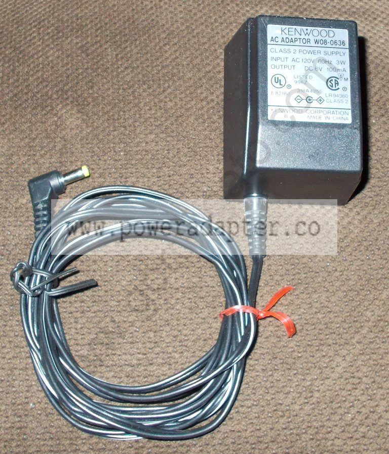 Kenwood AC Adapter Power Supply W08-0636 DC 6V [W08-0636] Input: 120VAC 60Hz 3W, Output: 6VDC 100mA. Model No.: W08-06