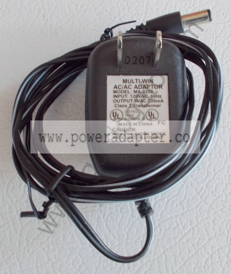 Multi-Win AC Adapter Power Supply 9VAC, 200mA [MA-9200] Input: 120VAC 60Hz, Output: 9VAC 200mA. Model No.: MA-9200, Ma