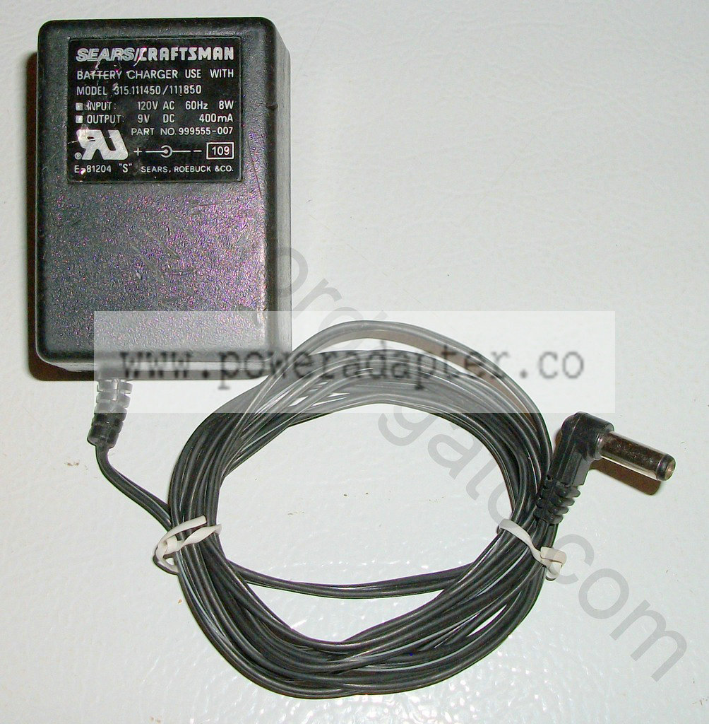 Sears Craftsman Battery Charger AC Adapter 9V DC, 400mA [999555-007] Input: 120VAC 60Hz 8W, Output: 9VDC 400mA. Use wi